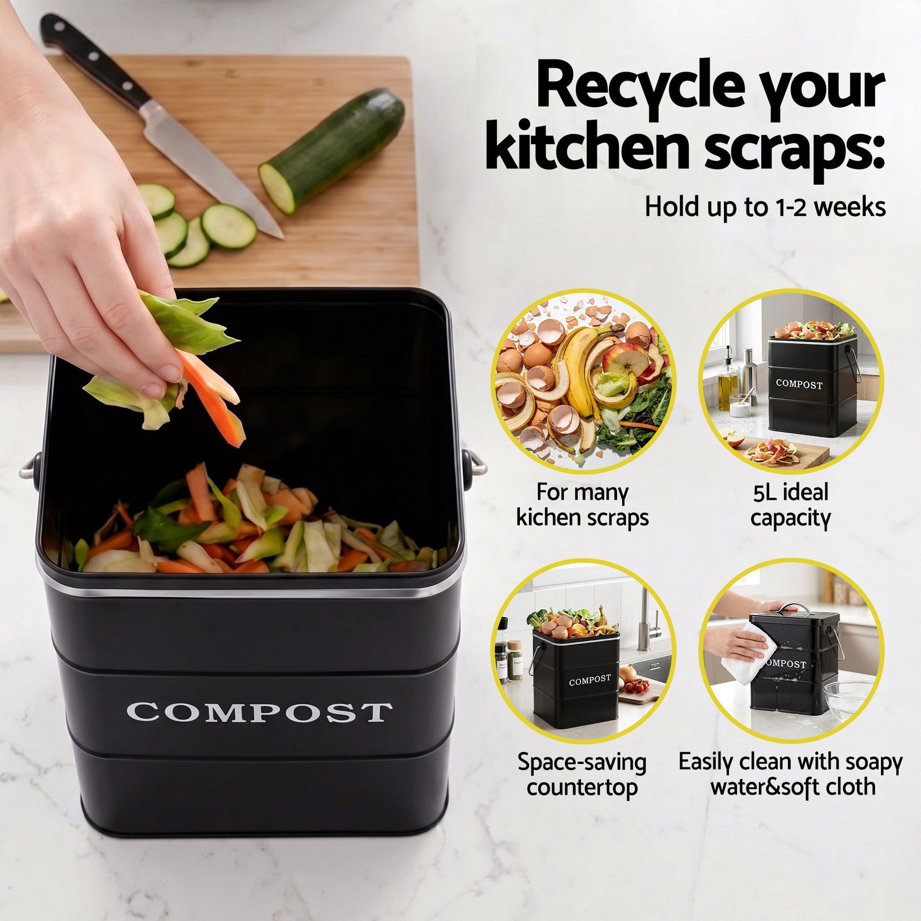 Gardeon 5L Kitchen Compost Bin – Black Galvanised Iron Countertop Caddy with Ventilated Lid