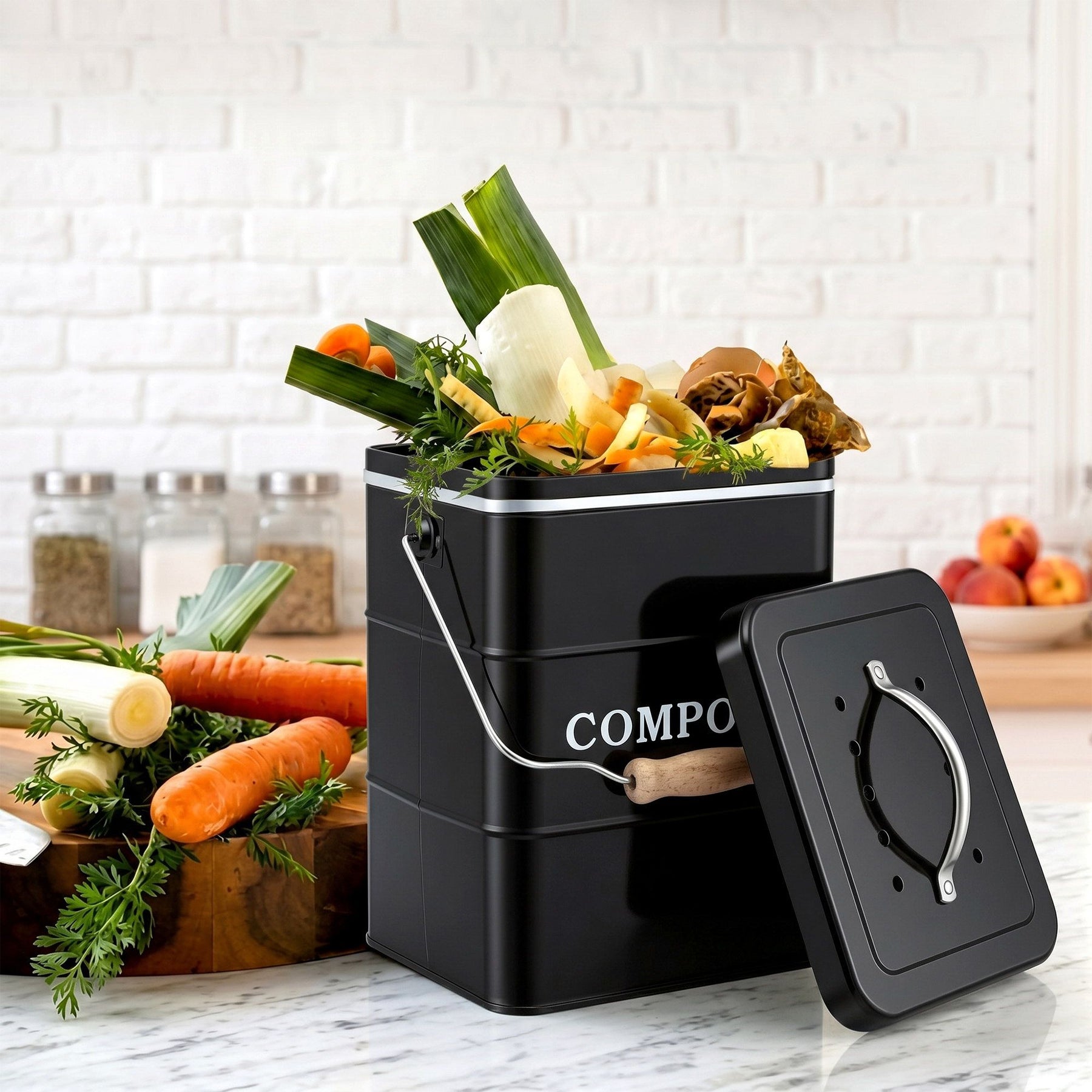 Gardeon 5L Kitchen Compost Bin – Black Galvanised Iron Countertop Caddy with Ventilated Lid