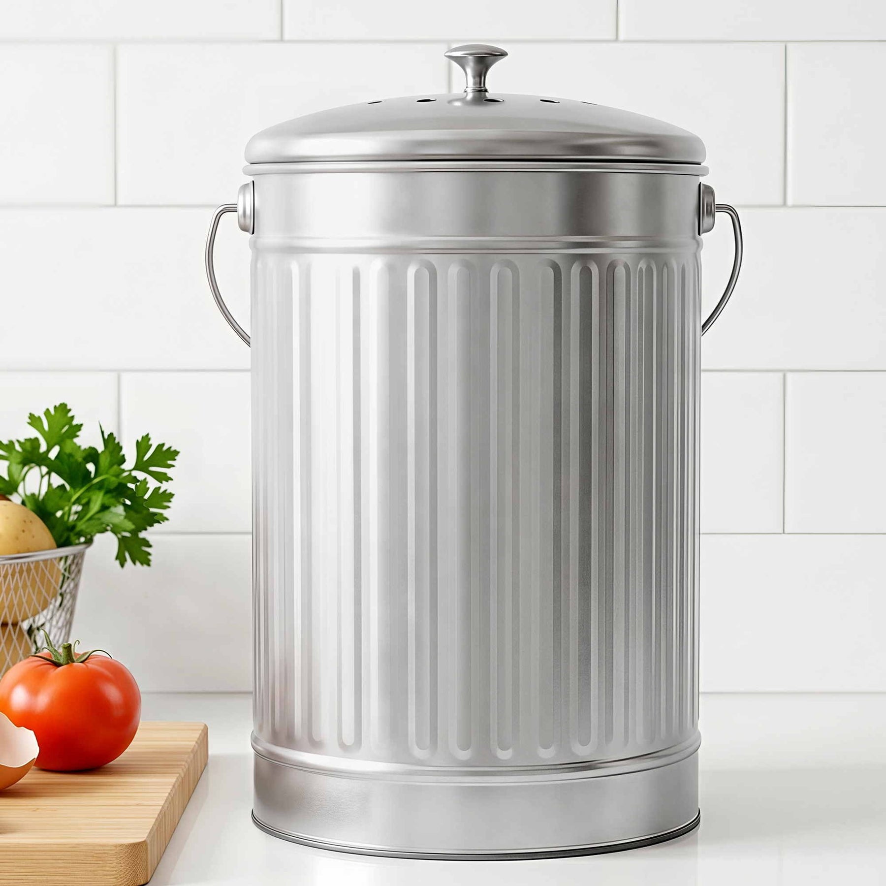 Gardeon 6L Kitchen Compost Bin – White Stainless Steel Countertop Caddy with Ventilated Lid