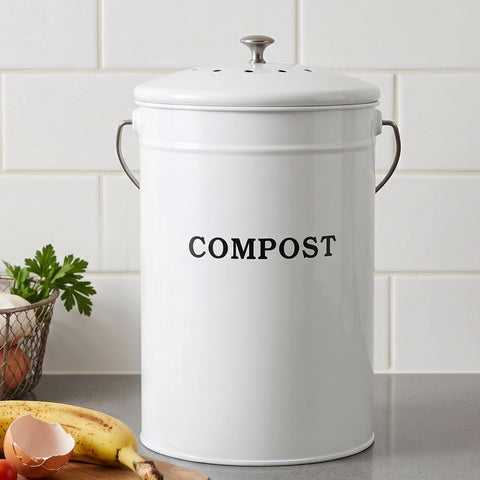 Gardeon 6L Kitchen Compost Bin – White Galvanised Iron Countertop Caddy with Ventilated Lid