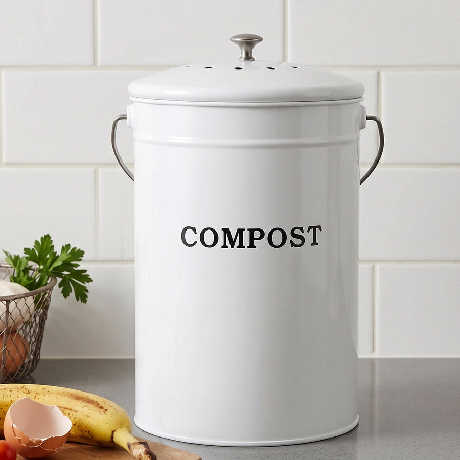 Gardeon 6L Kitchen Compost Bin – White Galvanised Iron Countertop Caddy with Ventilated Lid