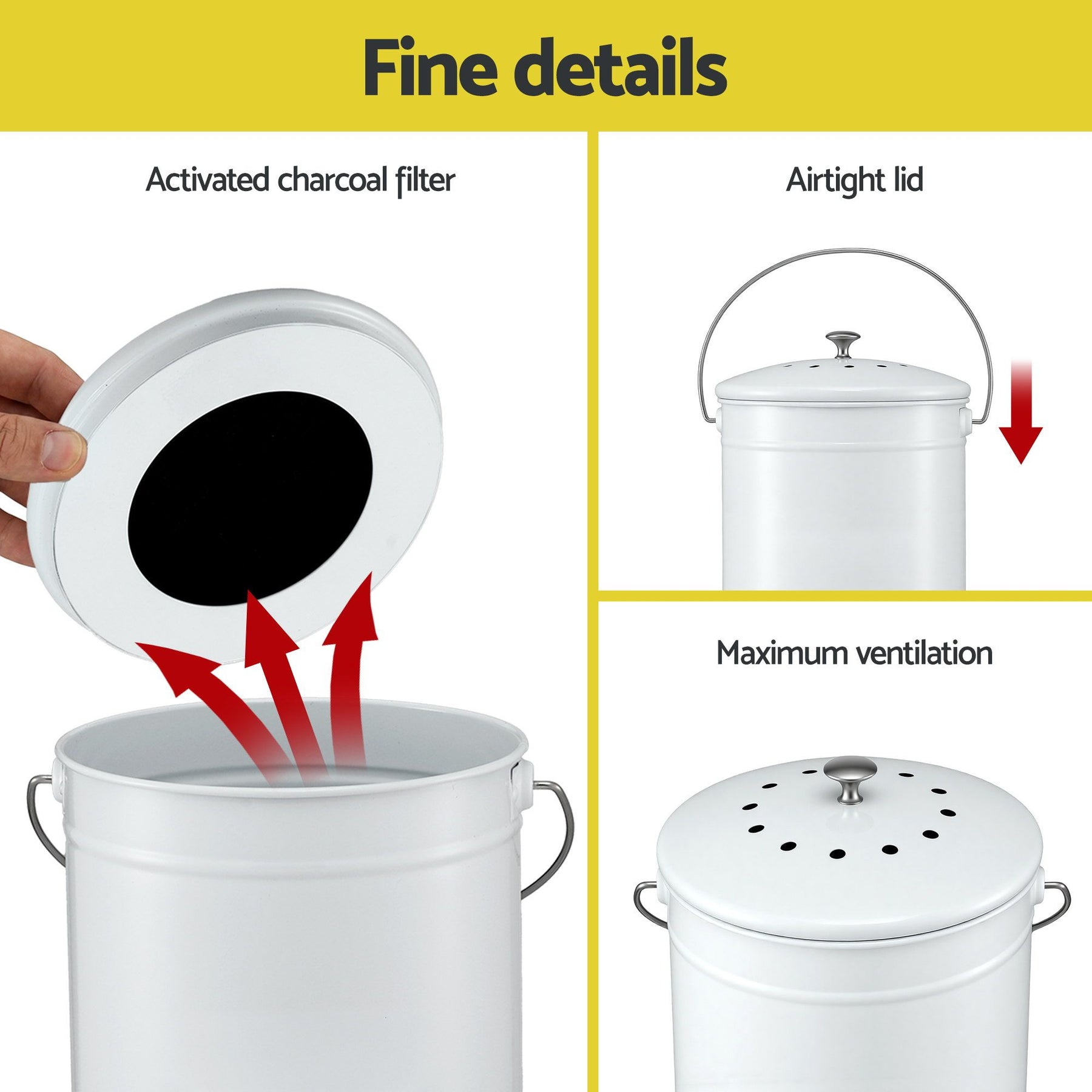 Gardeon 6L Kitchen Compost Bin – White Galvanised Iron Countertop Caddy with Ventilated Lid