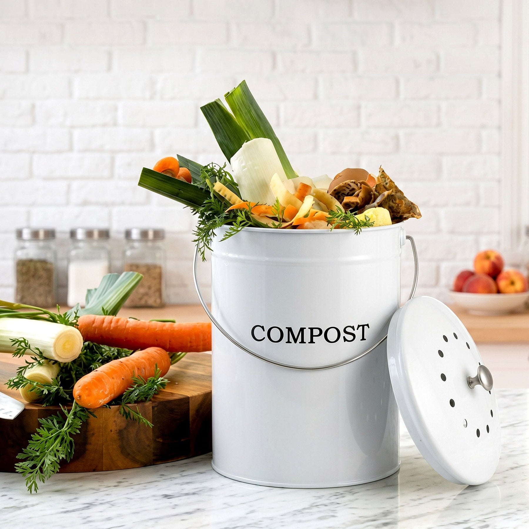 Gardeon 6L Kitchen Compost Bin – White Galvanised Iron Countertop Caddy with Ventilated Lid