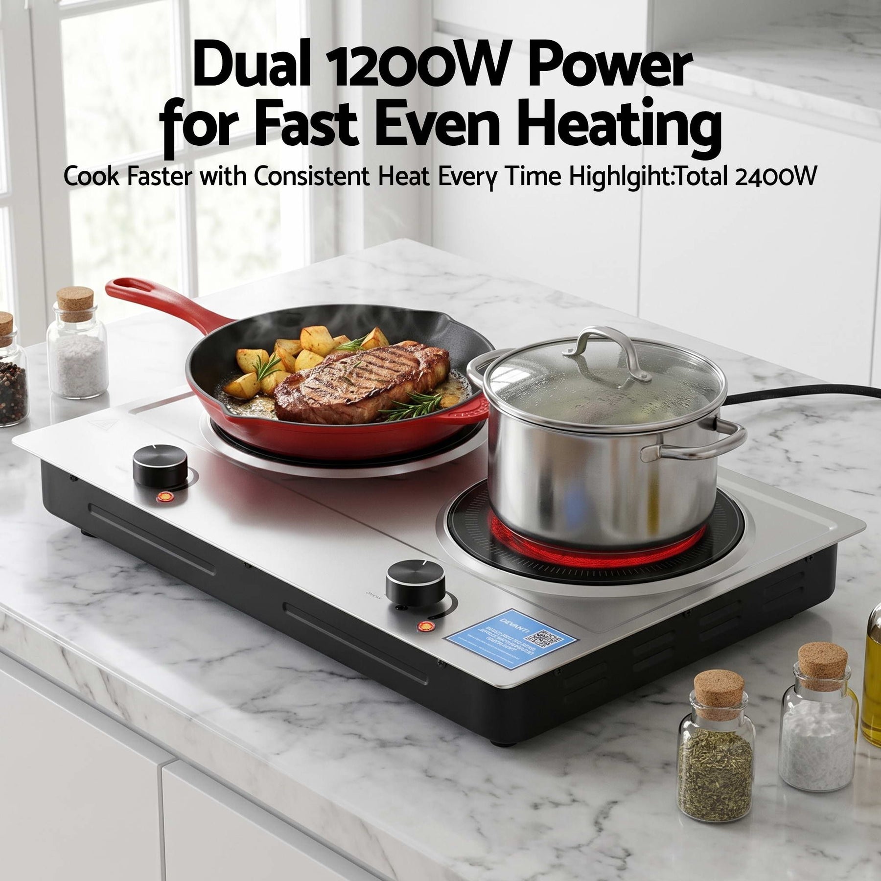 Devanti 2400W 2-Zone Ceramic Electric Cooktop with Knob Control