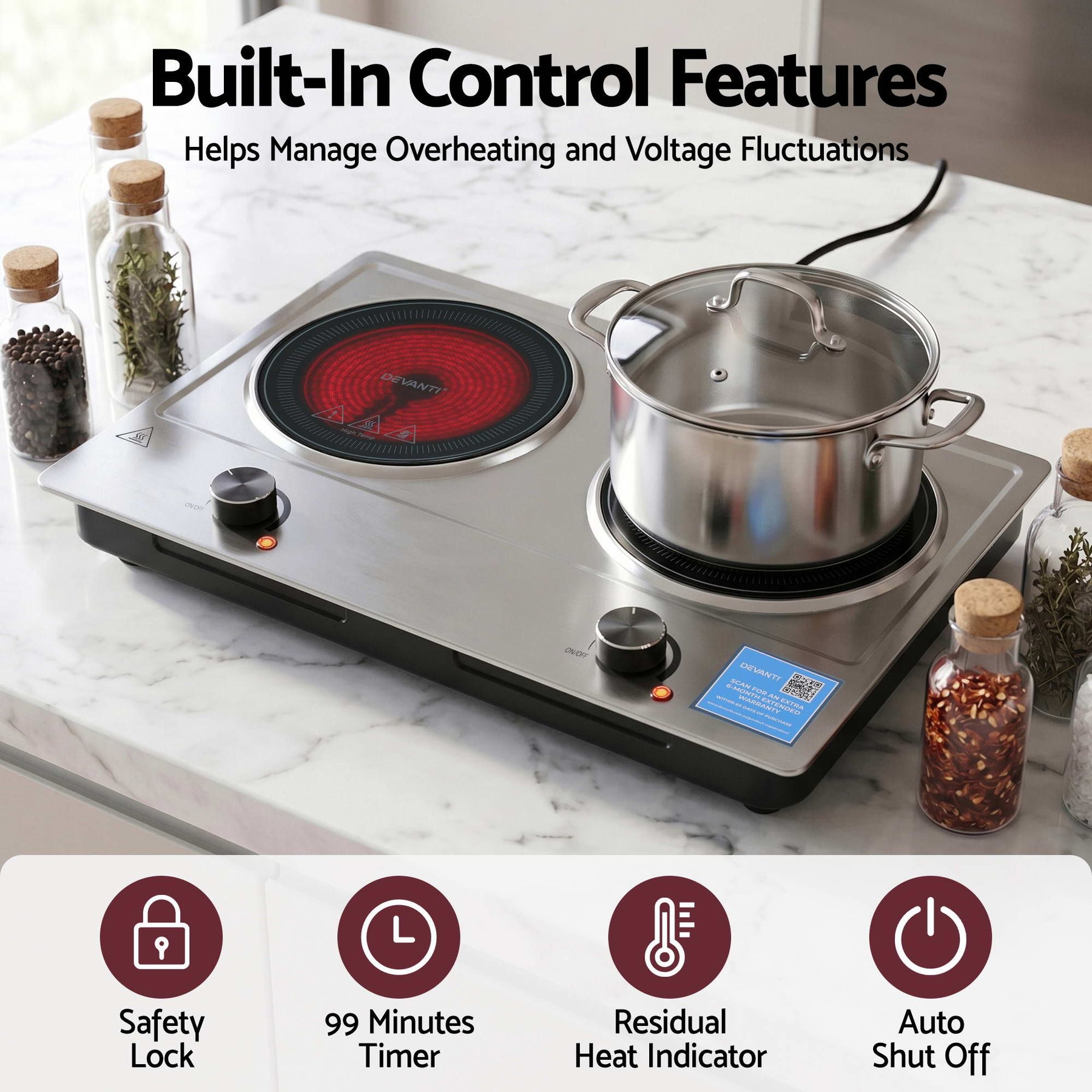 Devanti 2400W 2-Zone Ceramic Electric Cooktop with Knob Control