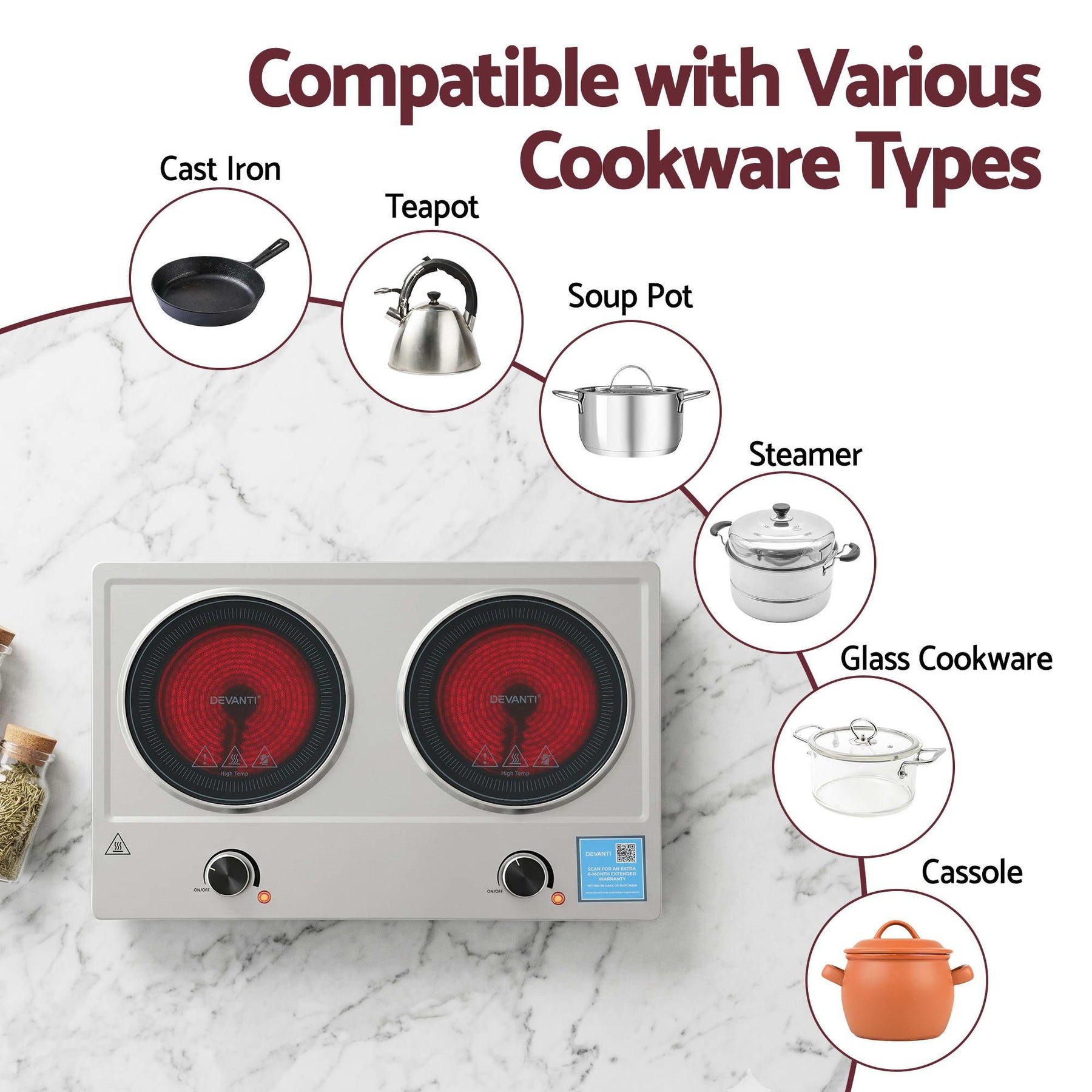 Devanti 2400W 2-Zone Ceramic Electric Cooktop with Knob Control