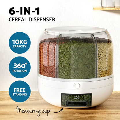 5-Star Chef Cereal Dispenser 7KG with 6 Compartments, 360° Rotatable Design