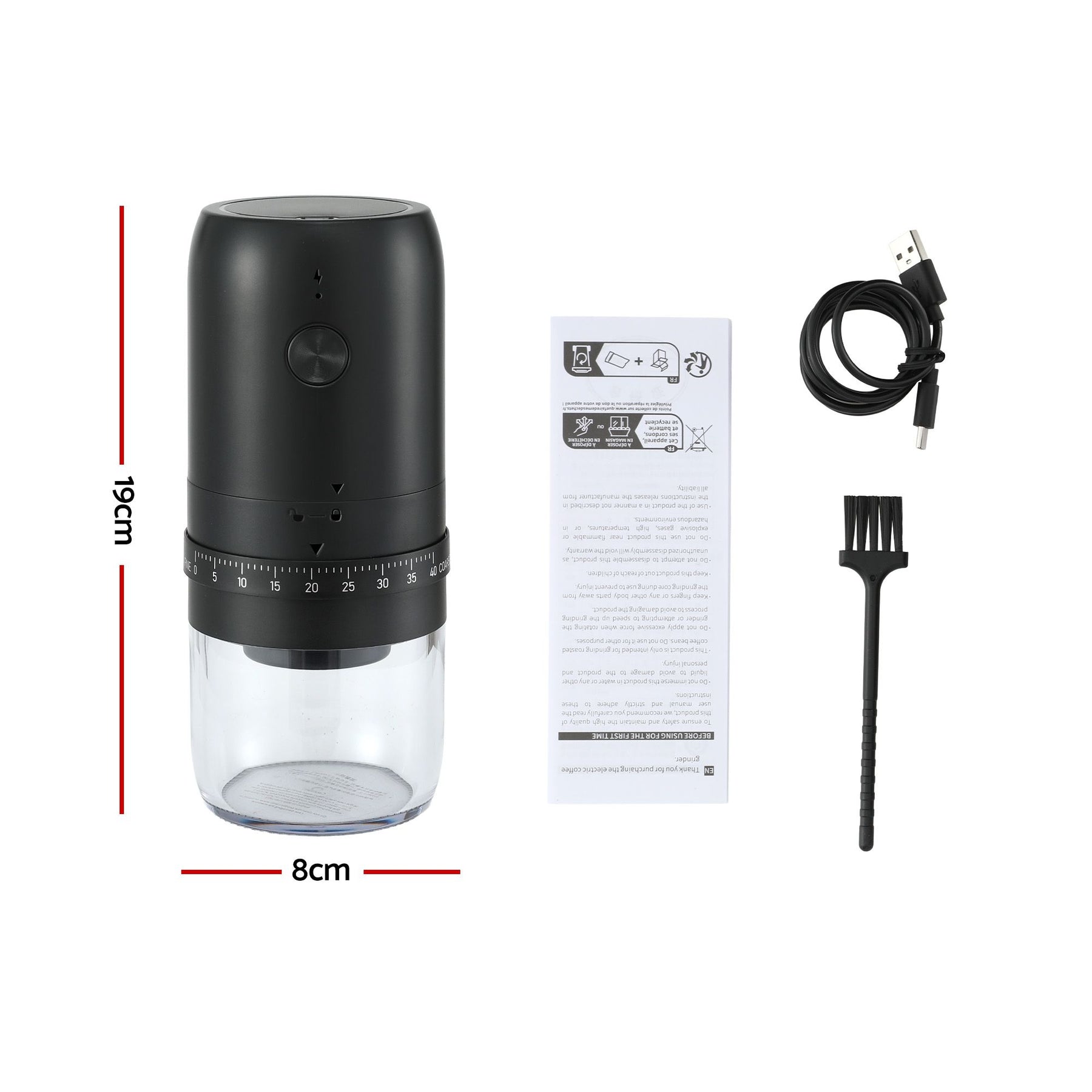 Devanti Electric Coffee Grinder USB-C Rechargeable Portable Coffee Bean Grinder with 40 Precise Grind Settings | Automatic Spice Nut Pepper Grinder Mill with Cleaning Brush & Ground Coffee Container for Home Office Camping Travel, Black - SuperSaverAU - view 2