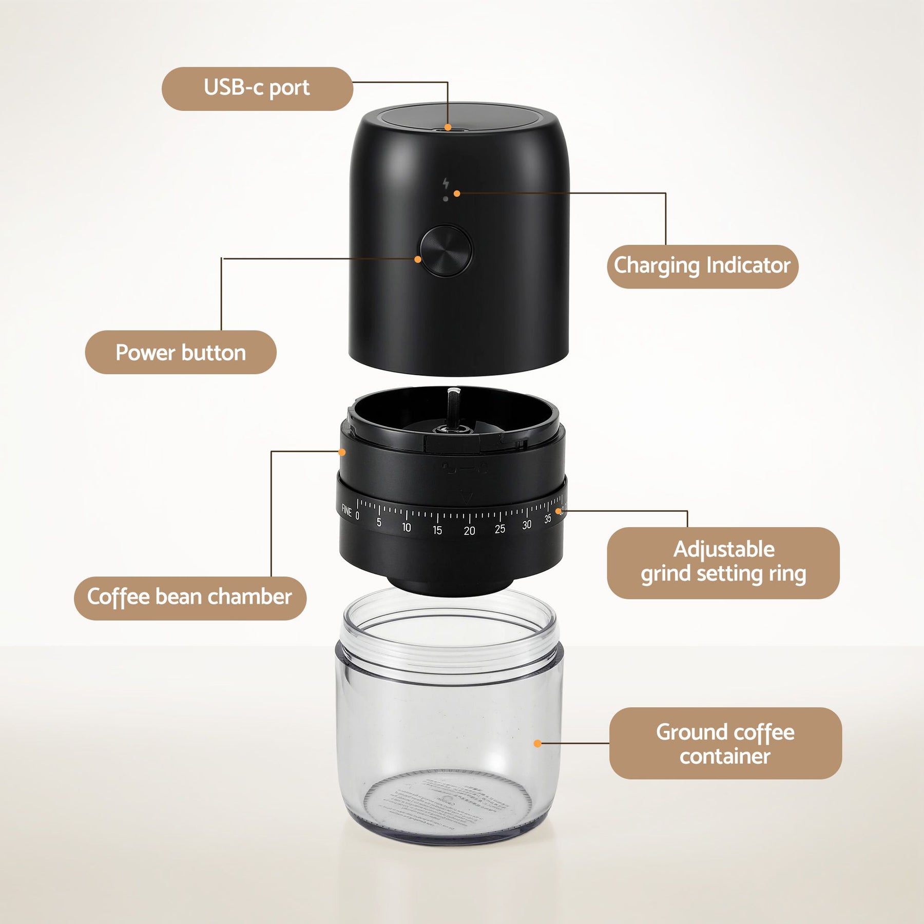 Devanti Electric Coffee Grinder USB-C Rechargeable Portable Coffee Bean Grinder with 40 Precise Grind Settings | Automatic Spice Nut Pepper Grinder Mill with Cleaning Brush & Ground Coffee Container for Home Office Camping Travel, Black - SuperSaverAU - view 4