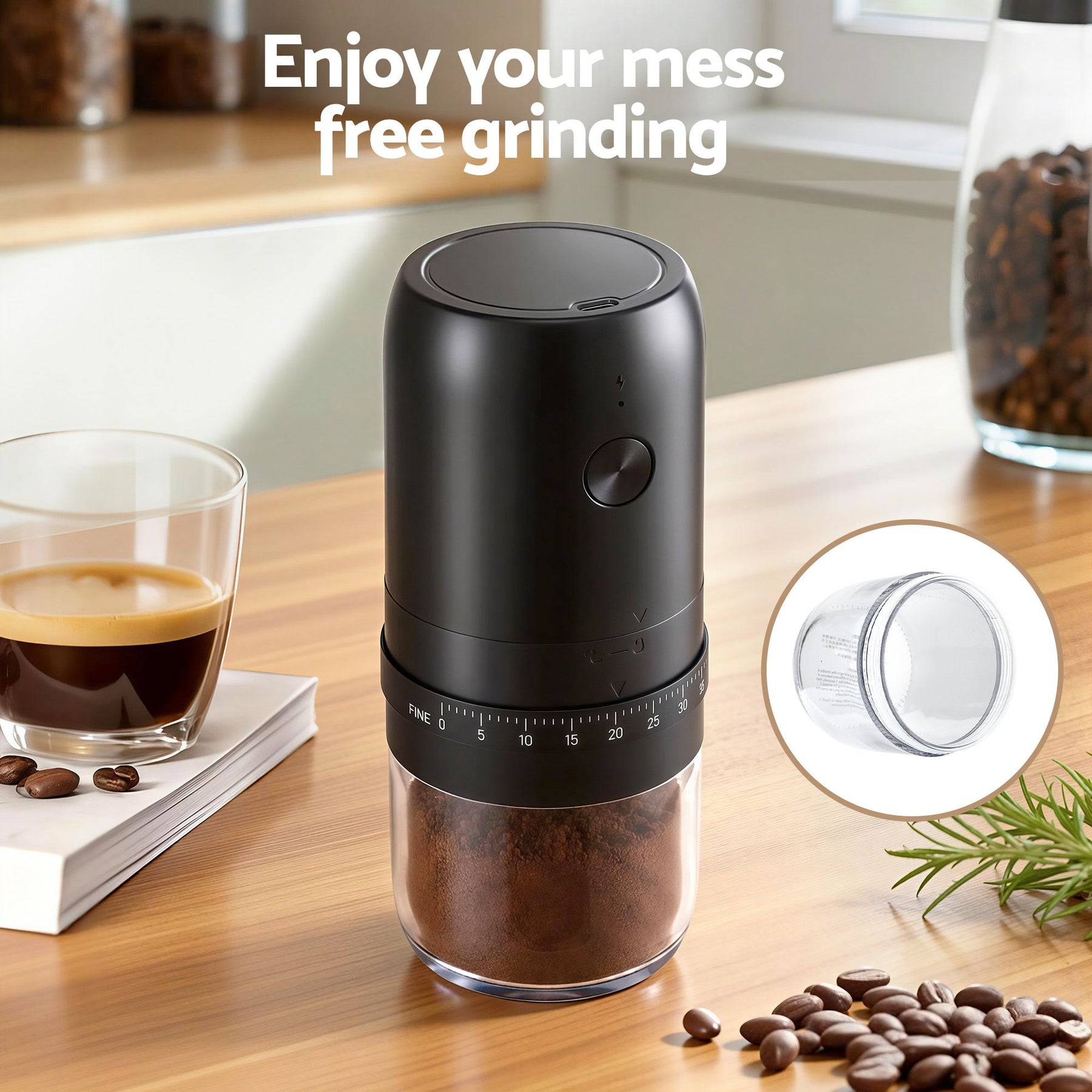 Devanti Electric Coffee Grinder USB-C Rechargeable Portable Coffee Bean Grinder with 40 Precise Grind Settings | Automatic Spice Nut Pepper Grinder Mill with Cleaning Brush & Ground Coffee Container for Home Office Camping Travel, Black - SuperSaverAU - view 7