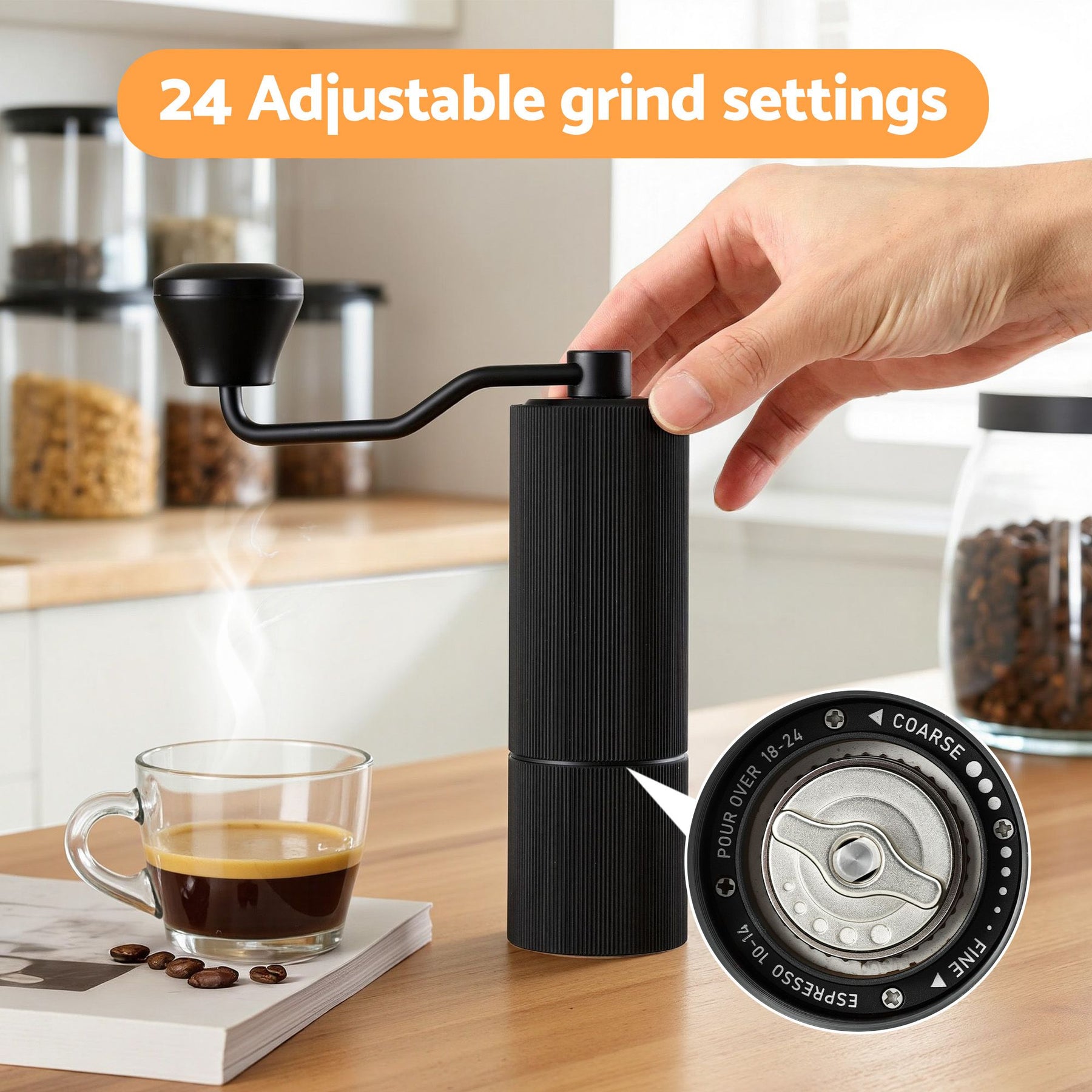 Devanti Manual Coffee Grinder with 24 Adjustable Settings | Hand Coffee Bean Burr Mill for Espresso French Press | Portable Stainless Steel Quiet Grinder with Storage Bag for Travel Camping, Black - SuperSaverAU - view 4