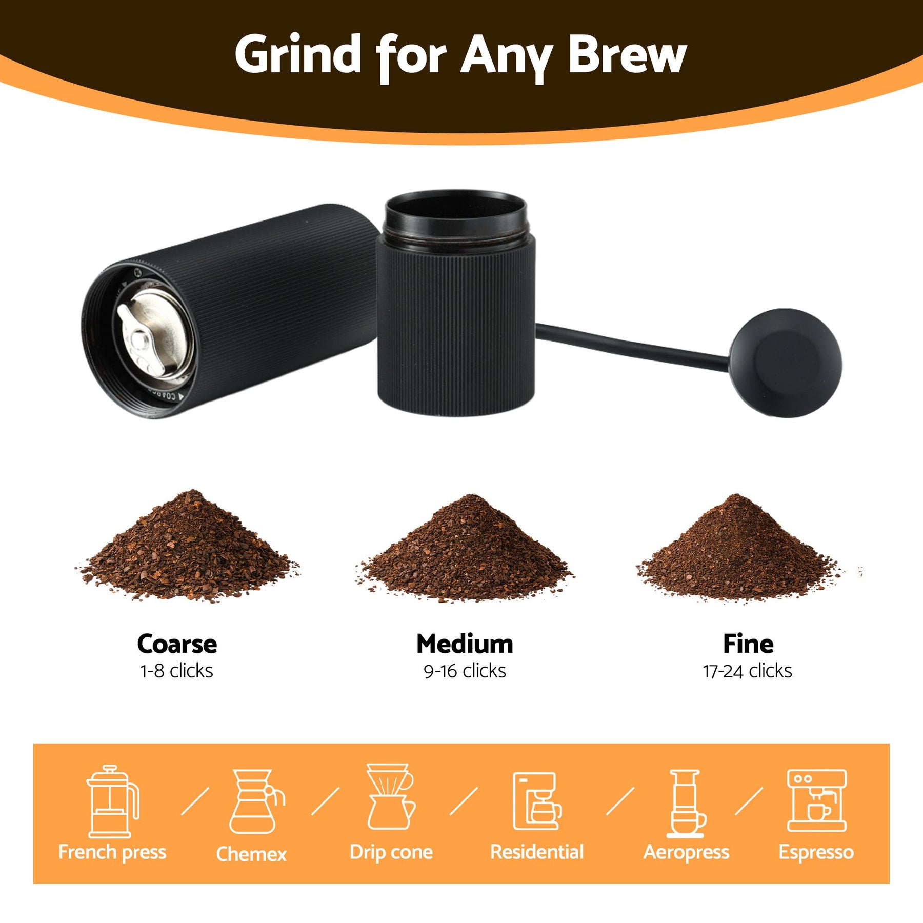 Devanti Manual Coffee Grinder with 24 Adjustable Settings | Hand Coffee Bean Burr Mill for Espresso French Press | Portable Stainless Steel Quiet Grinder with Storage Bag for Travel Camping, Black - SuperSaverAU - view 5