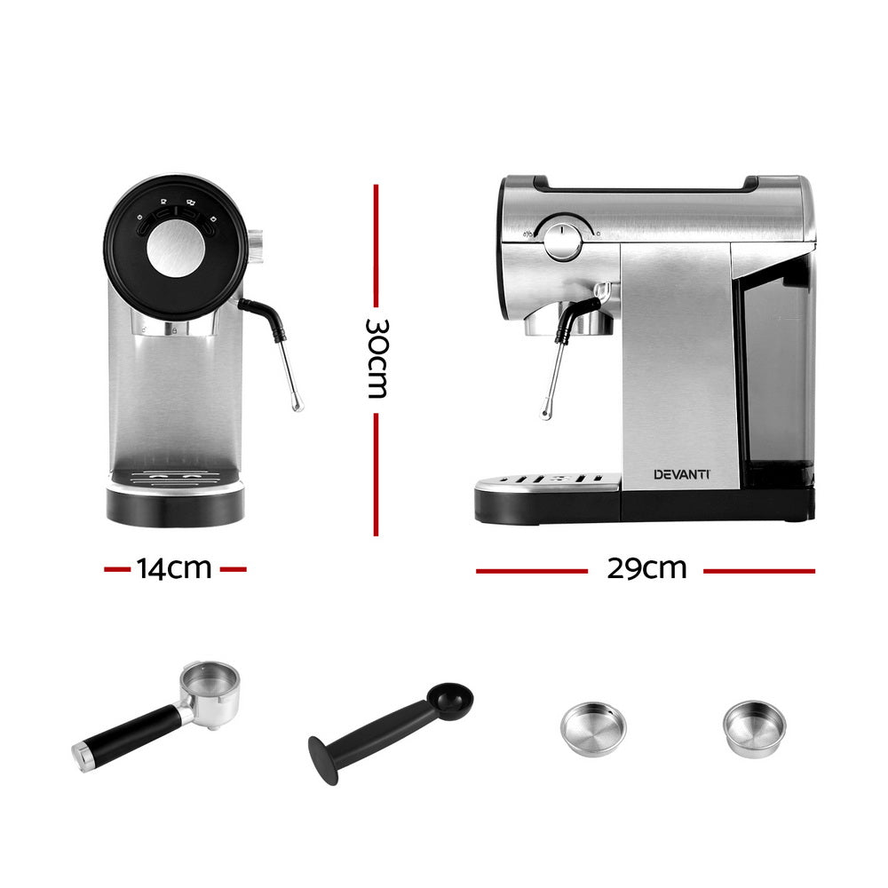 Devanti Espresso Machine 20 Bar Pressure, 0.9L Water Tank, Milk Frother, Silver - SuperSaverAU - view 2