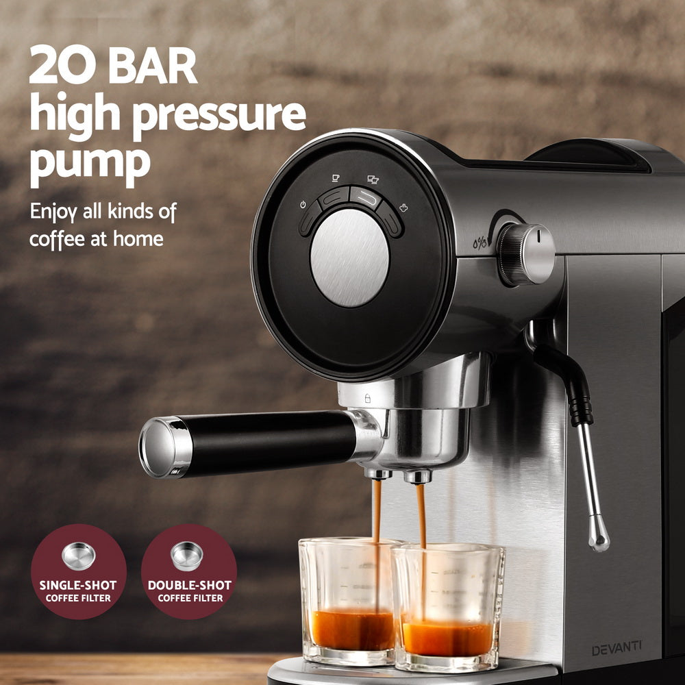Devanti Espresso Machine 20 Bar Pressure, 0.9L Water Tank, Milk Frother, Silver - SuperSaverAU - view 4