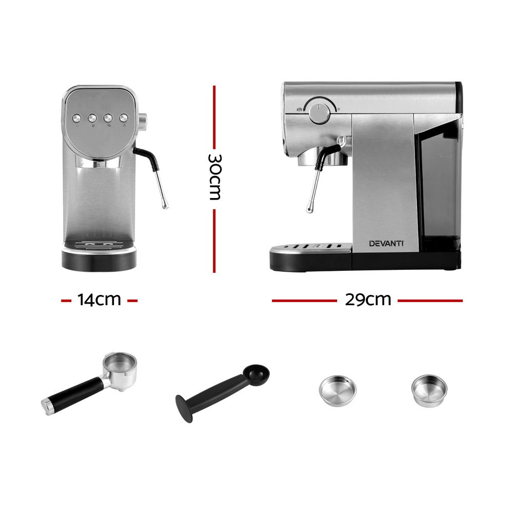 Devanti Espresso Machine 20 Bar Pressure, 0.9L Water Tank, Milk Frother, Silver - SuperSaverAU - view 2