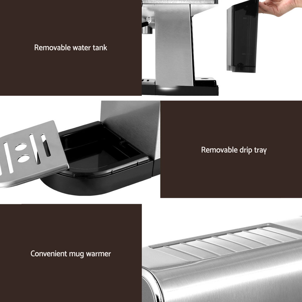 Devanti Espresso Machine 20 Bar Pressure, 0.9L Water Tank, Milk Frother, Silver - SuperSaverAU - view 6