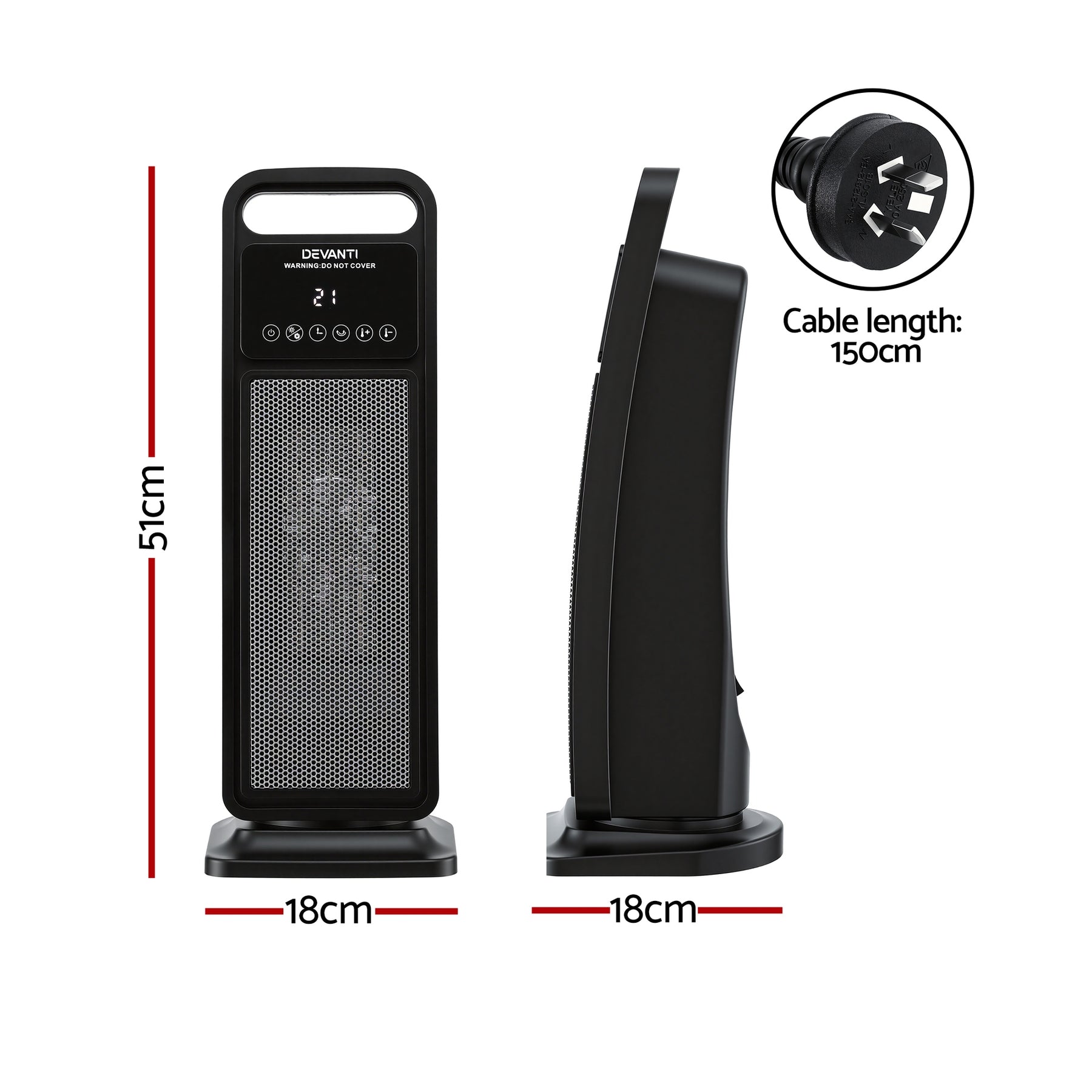 Devanti 2000W Ceramic Tower Heater with Remote - Black