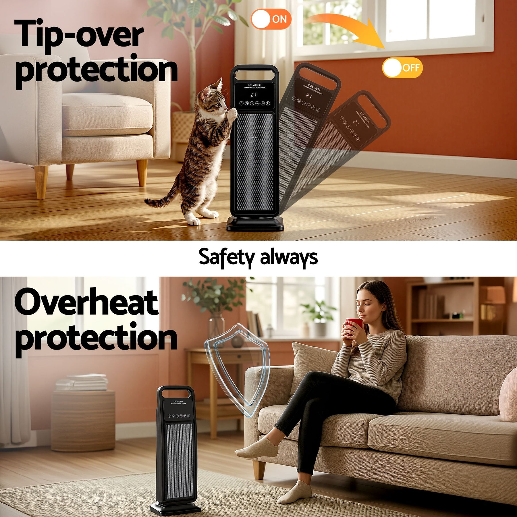 Devanti 2000W Ceramic Tower Heater with Remote - Black