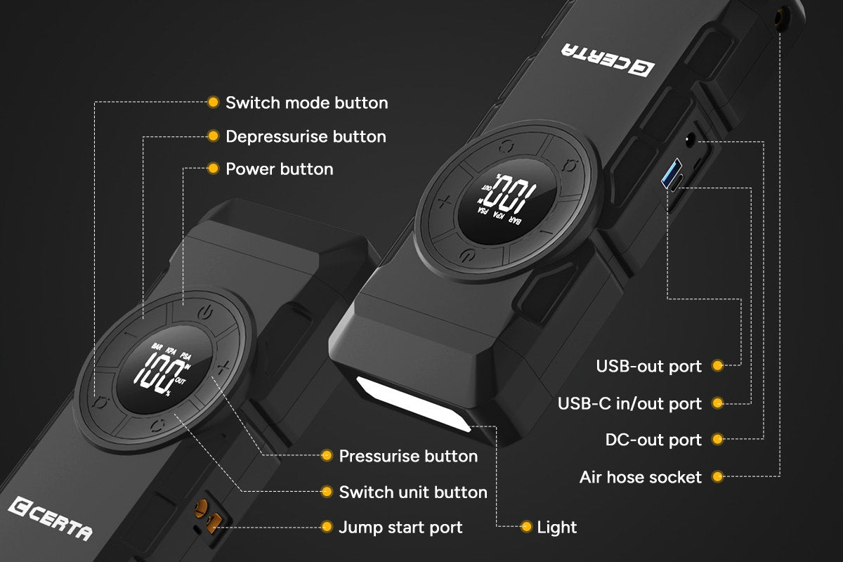 Certa Portable Jump Starter with Air Compressor and Power Bank 3000A 16,000mAh - SuperSaverAU - view 10