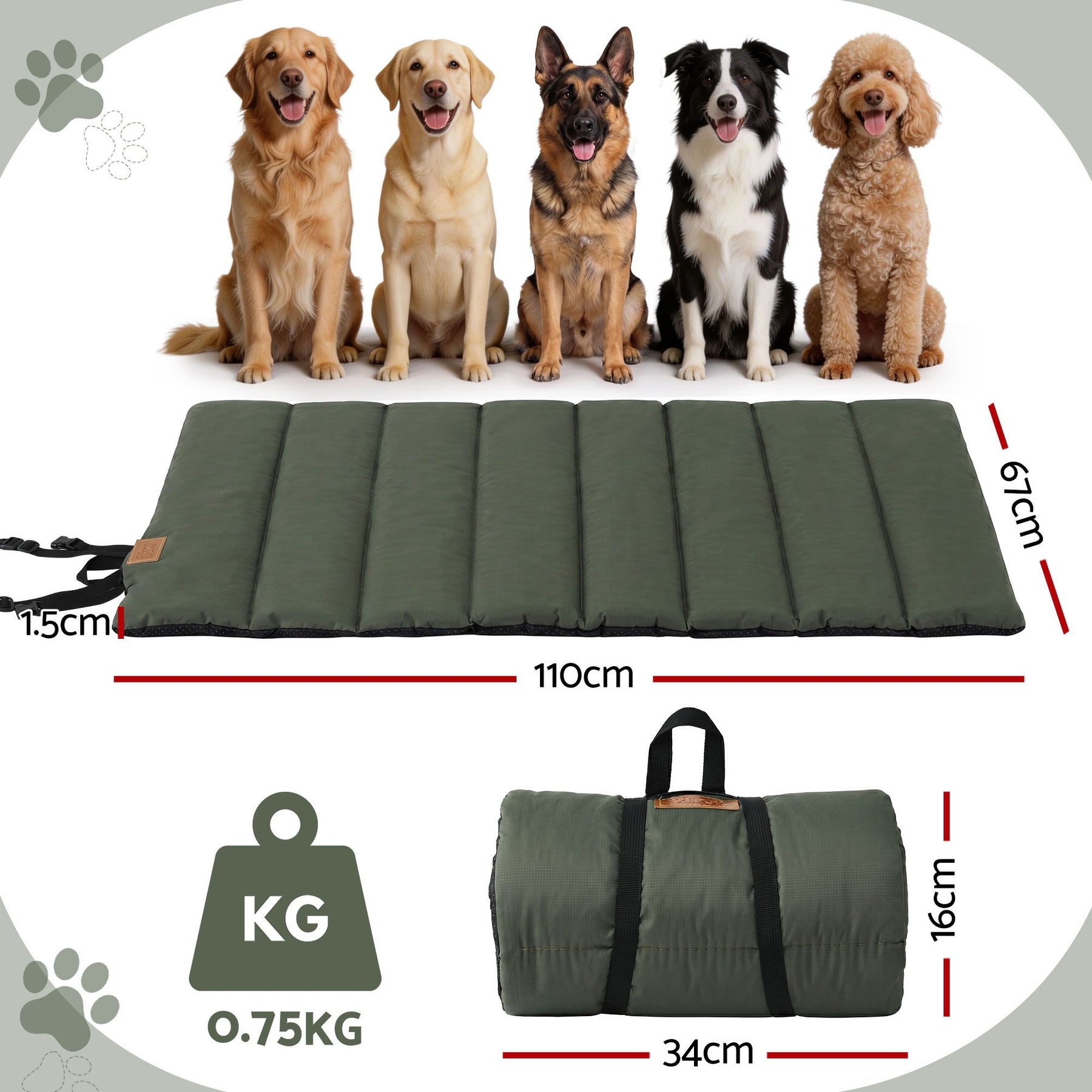 i.Pet Outdoor Dog Bed Large Foldable Travel Mat - Green
