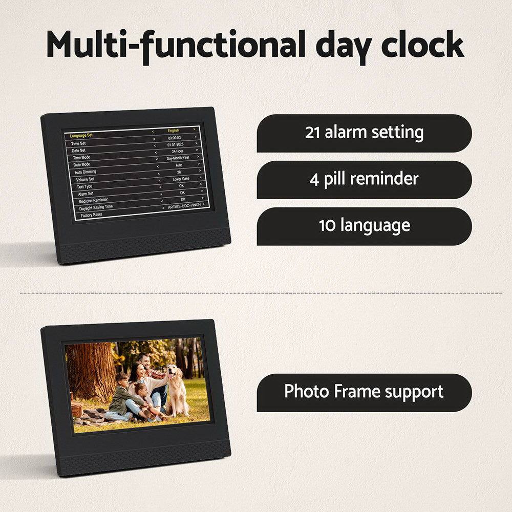 Artiss 7" Digital Day Clock with LCD Display, 21 Alarms, Photo Frame, Remote - SuperSaverAU - view 6