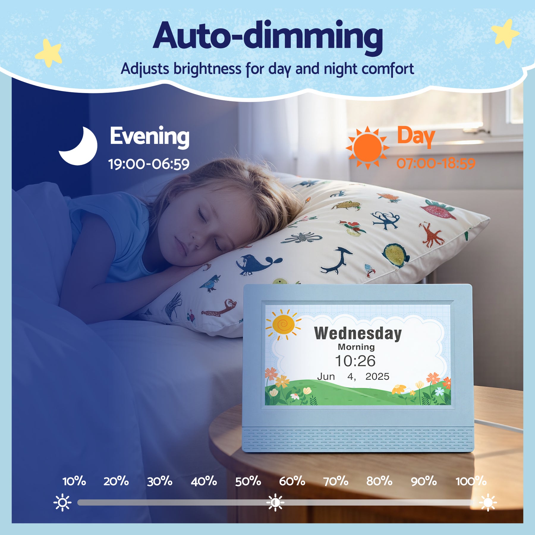 Artiss 7" Digital Day Clock Calendar Alarm LCD Children Sleep Trainer Clocks Blue - SuperSaverAU - view 7