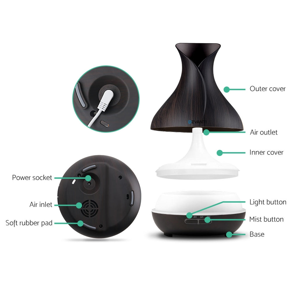 Devanti Aroma Diffuser Aromatherapy Dark Wood 400ml - SuperSaverAU - view 5