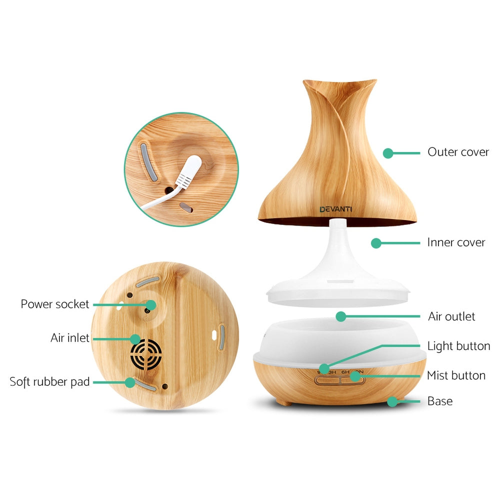 Devanti Aroma Diffuser Aromatherapy Light Wood 400ml - SuperSaverAU - view 3