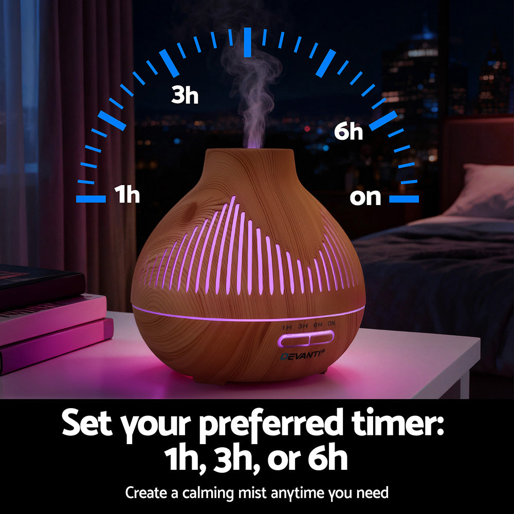 Devanti Aroma Diffuser 400ml Wood Grain Ultrasonic Humidifier with LED Lights - SuperSaverAU - view 7