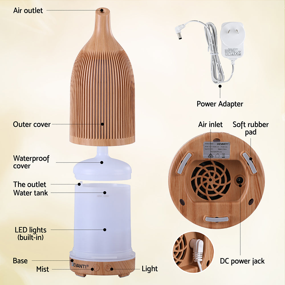 Devanti Ultrasonic Aroma Diffuser Aromatherapy 200ml LED Lights Iron Humidifier Forest Light wood grain - SuperSaverAU - view 9