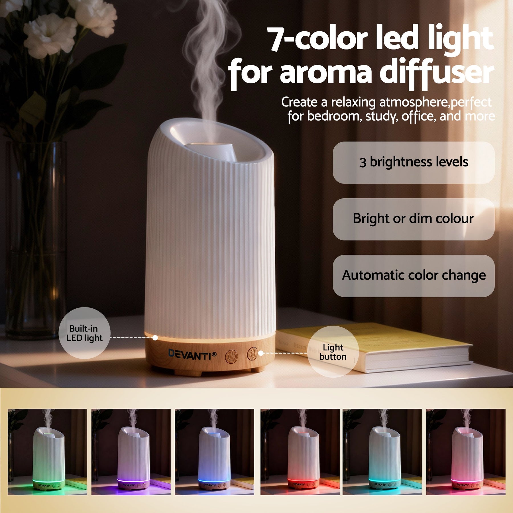 Devanti Aroma Diffuser 200ml Ultrasonic Humidifier with LED Lights and Timer - SuperSaverAU - view 5