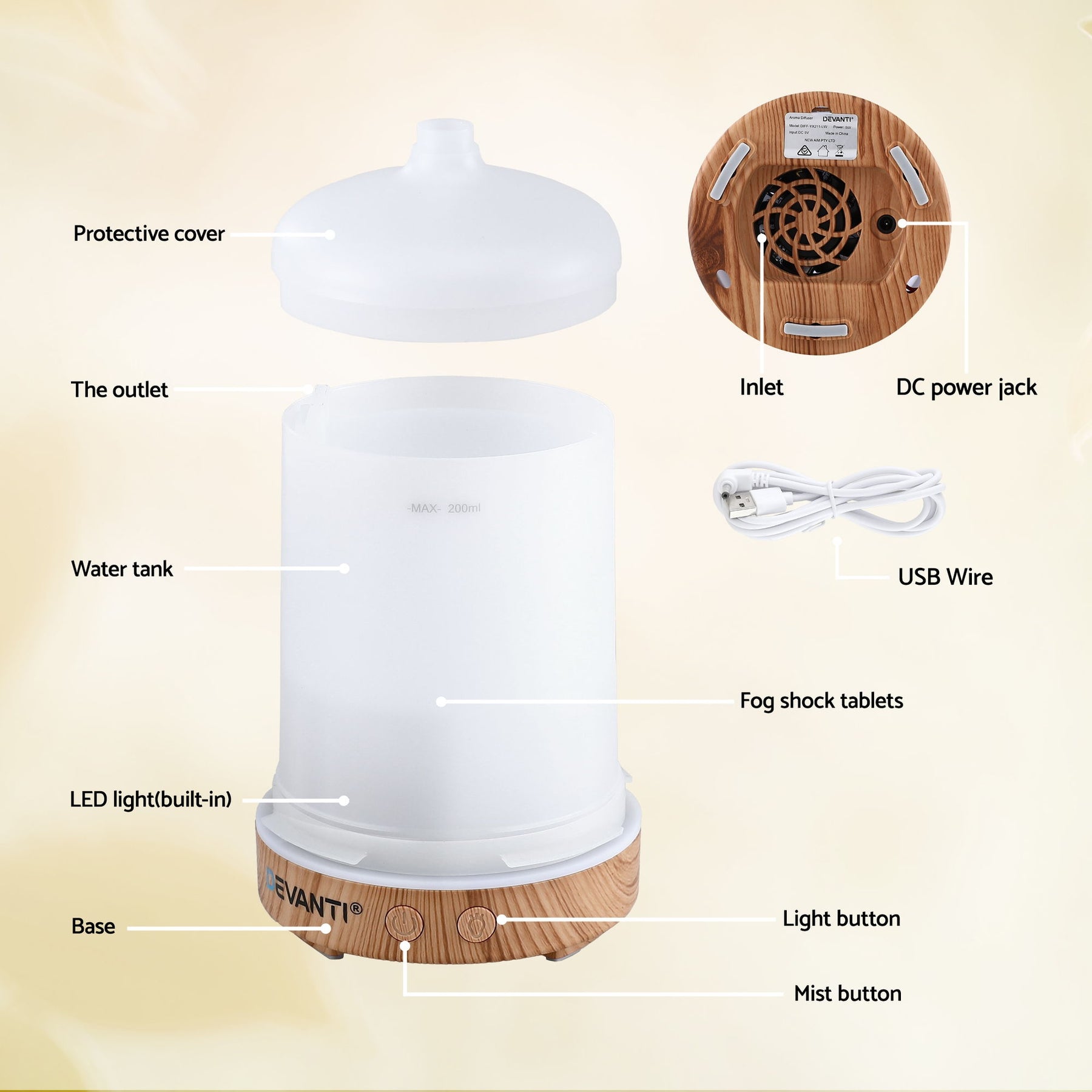 Devanti Aroma Diffuser 200ml Ultrasonic Humidifier with LED Lights and Timer - SuperSaverAU - view 9