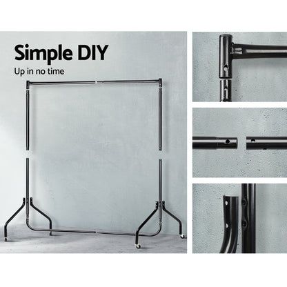 Artiss 6FT Metal Garment Display Rail - Black, 60kg Capacity, Rolling Castors