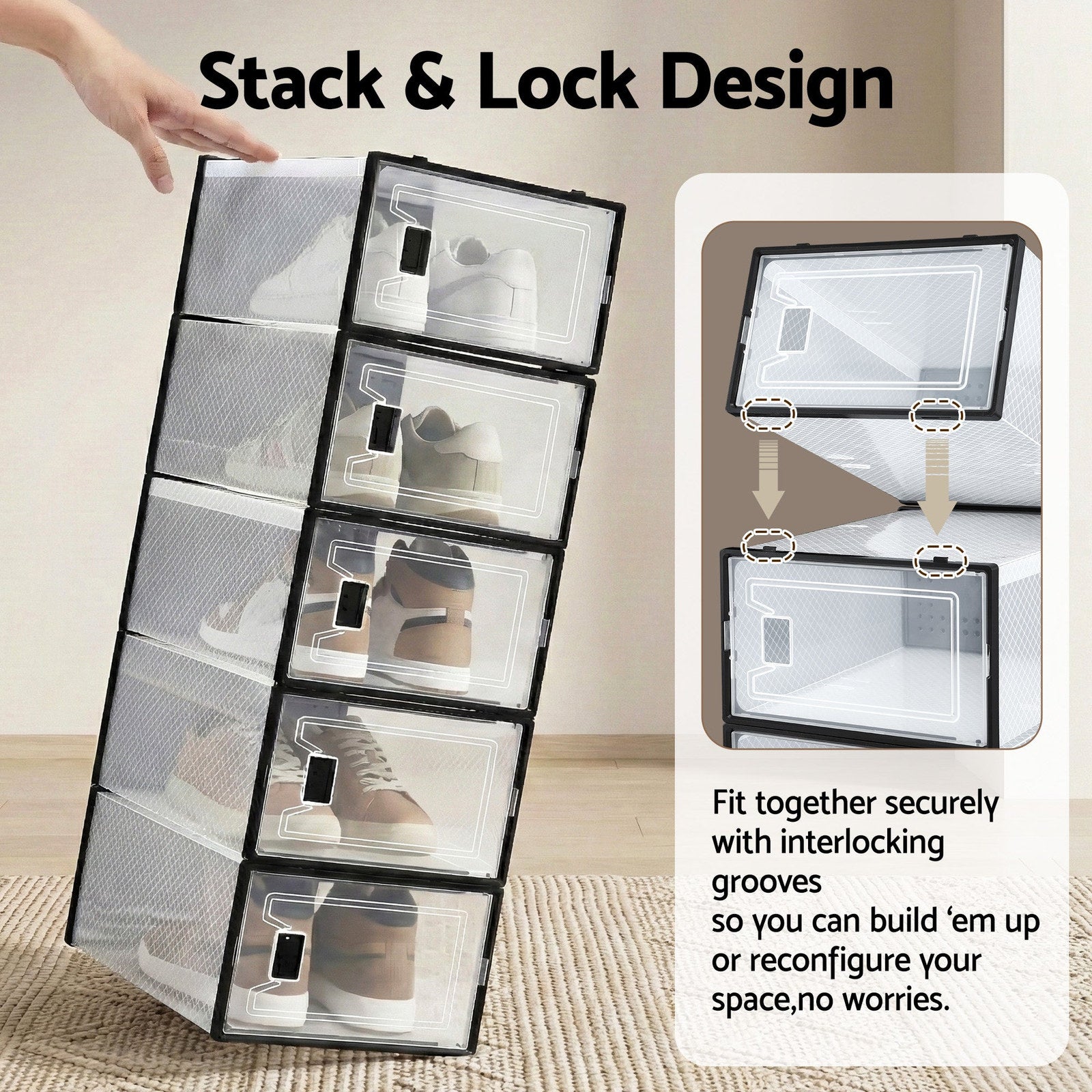 Artiss Set of 12 Stackable Shoe Storage Boxes Black Transparent Organiser