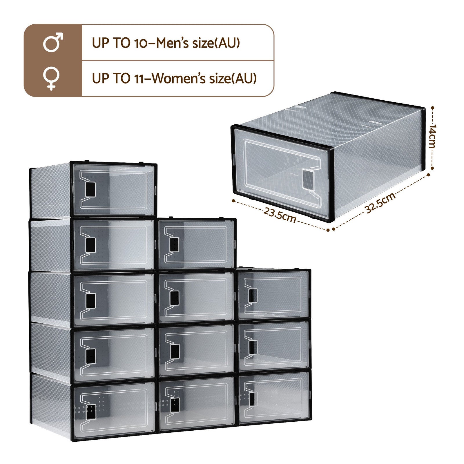 Artiss Set of 12 Stackable Shoe Storage Boxes Black Transparent Organiser