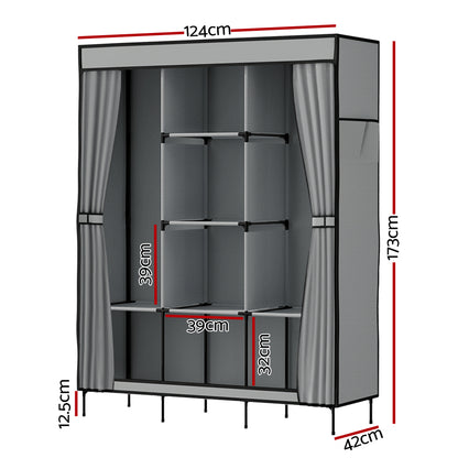 Artiss DIY Fabric Wardrobe Grey 124x42x173cm with Adjustable Panels & Tool-Free Assembly