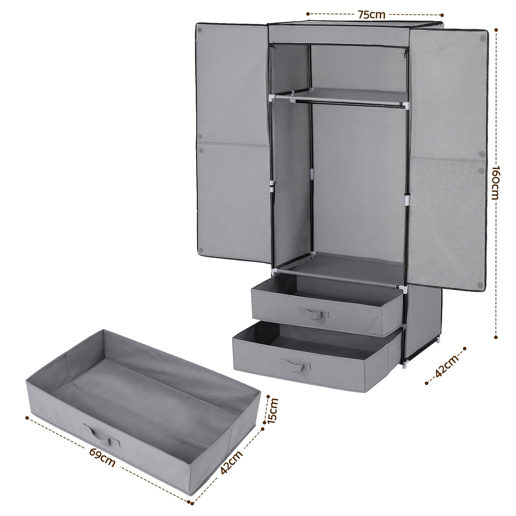 Artiss Portable Clothes Closet – Grey 75cm with Magnetic Door & Drawers