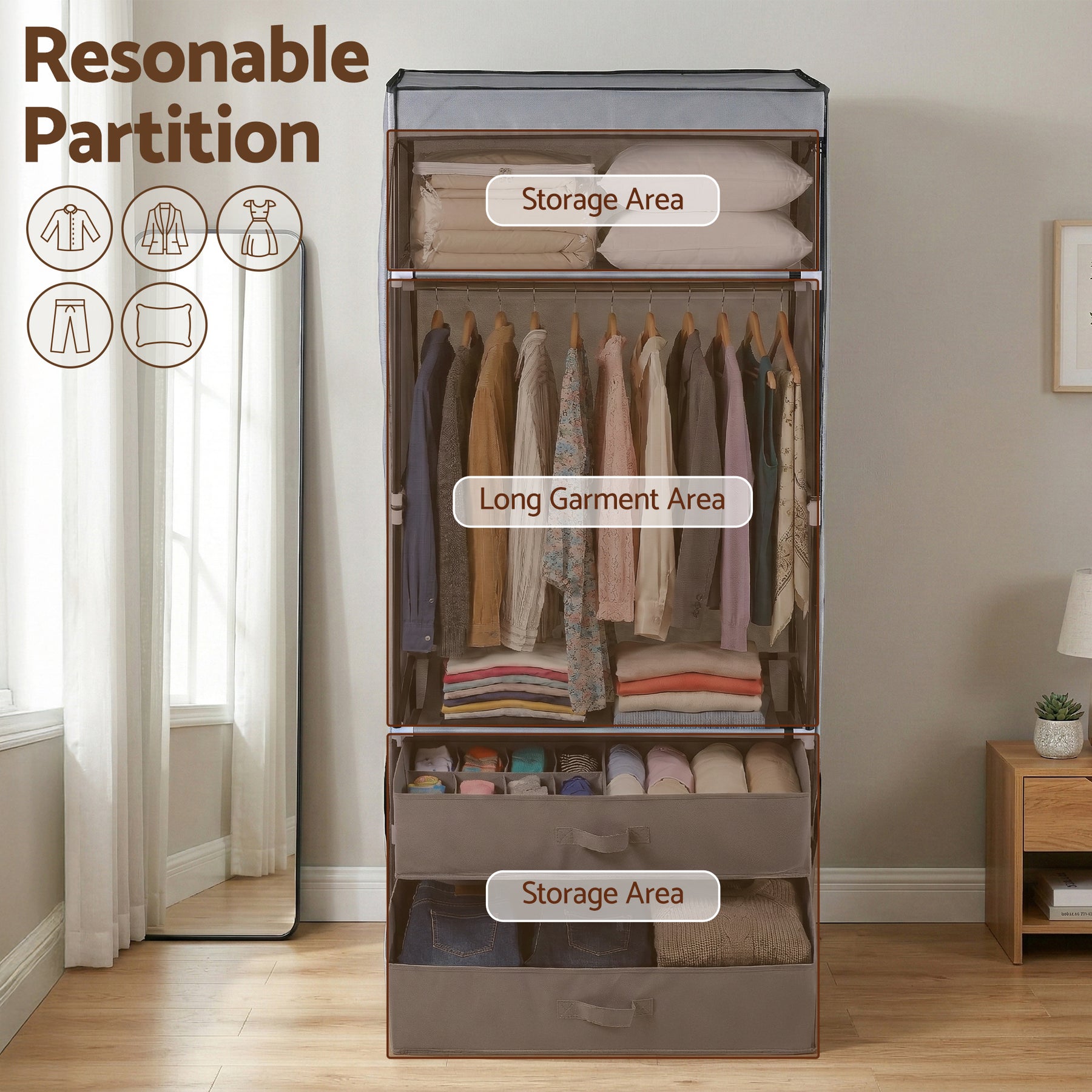 Artiss Portable Clothes Closet – Grey 75cm with Magnetic Door & Drawers