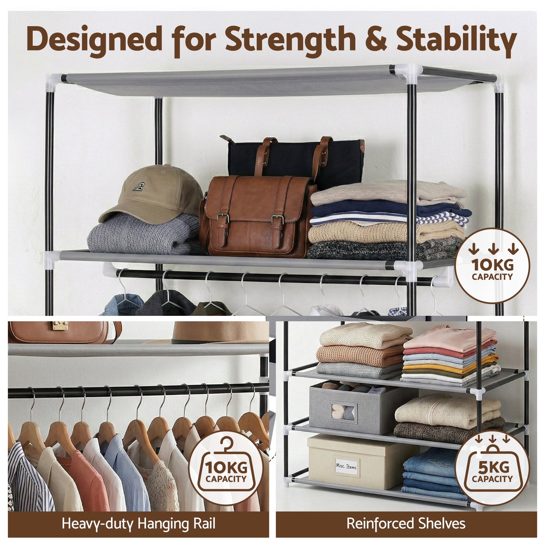 Artiss Portable Clothes Closet – Grey 75cm with Magnetic Door & Drawers