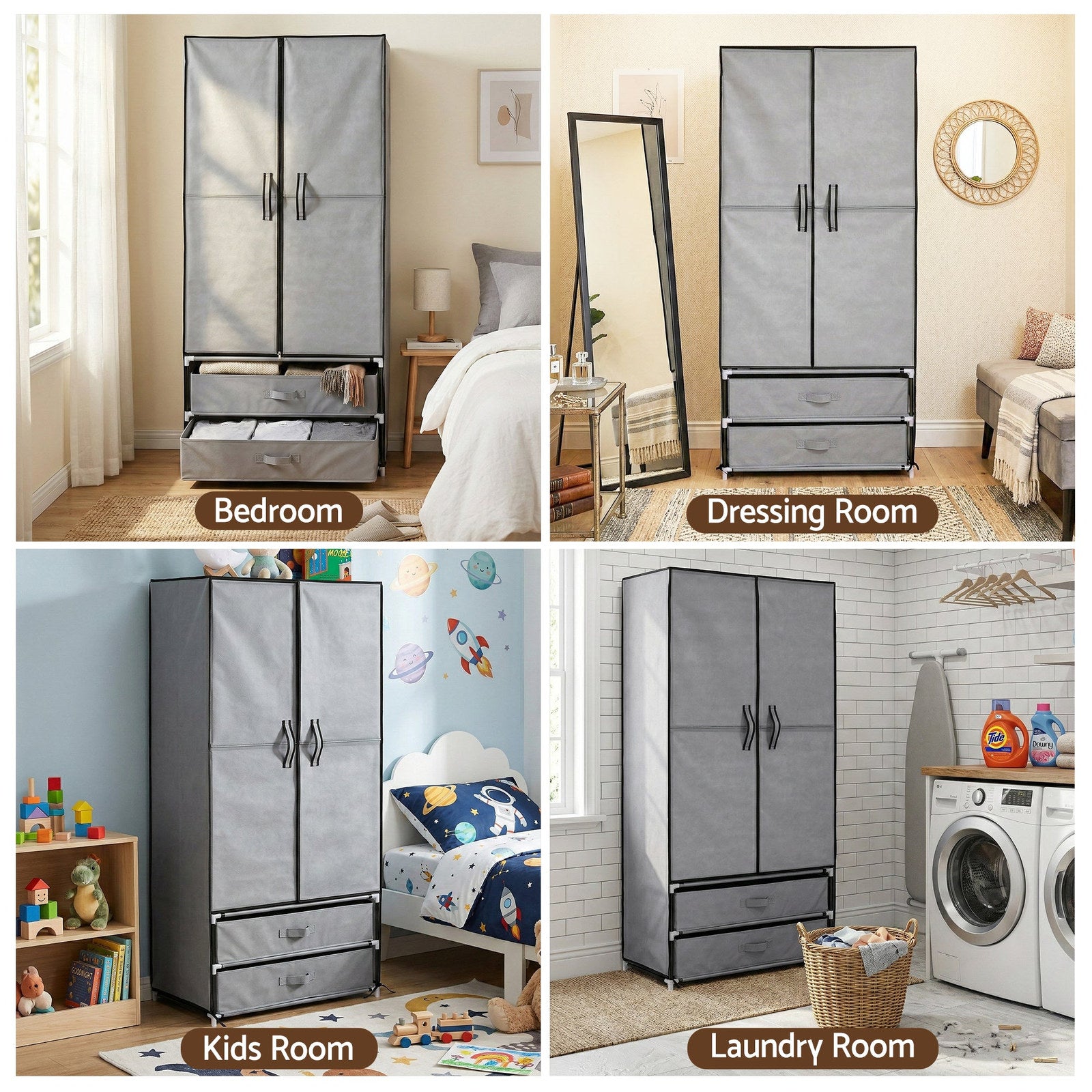 Artiss Portable Clothes Closet – Grey 75cm with Magnetic Door & Drawers