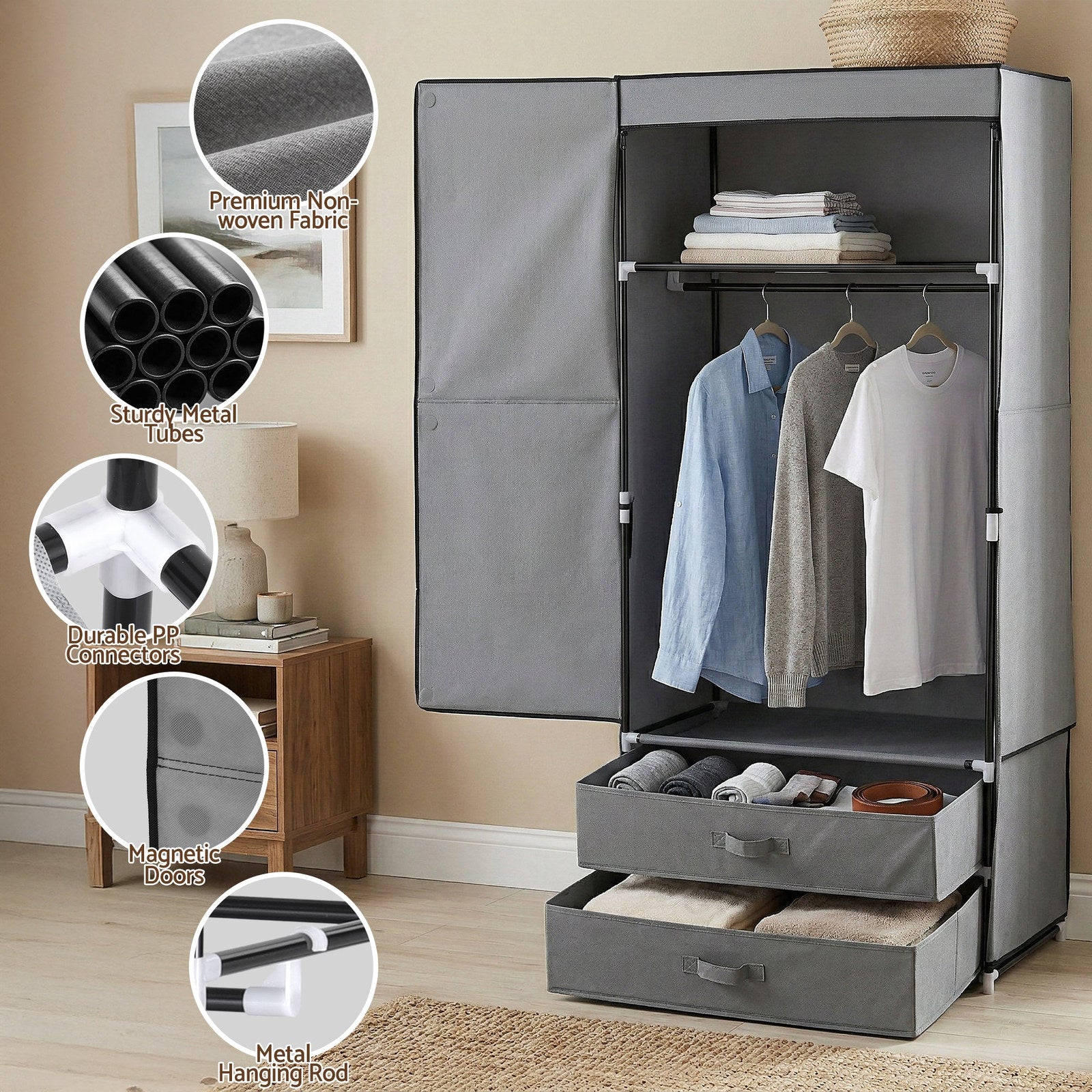 Artiss Portable Clothes Closet – Grey 75cm with Magnetic Door & Drawers