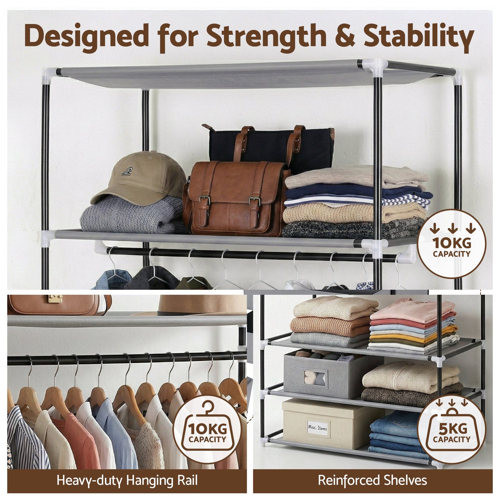 Artiss Portable Clothes Closet – Grey 75cm with Magnetic Door & Drawers