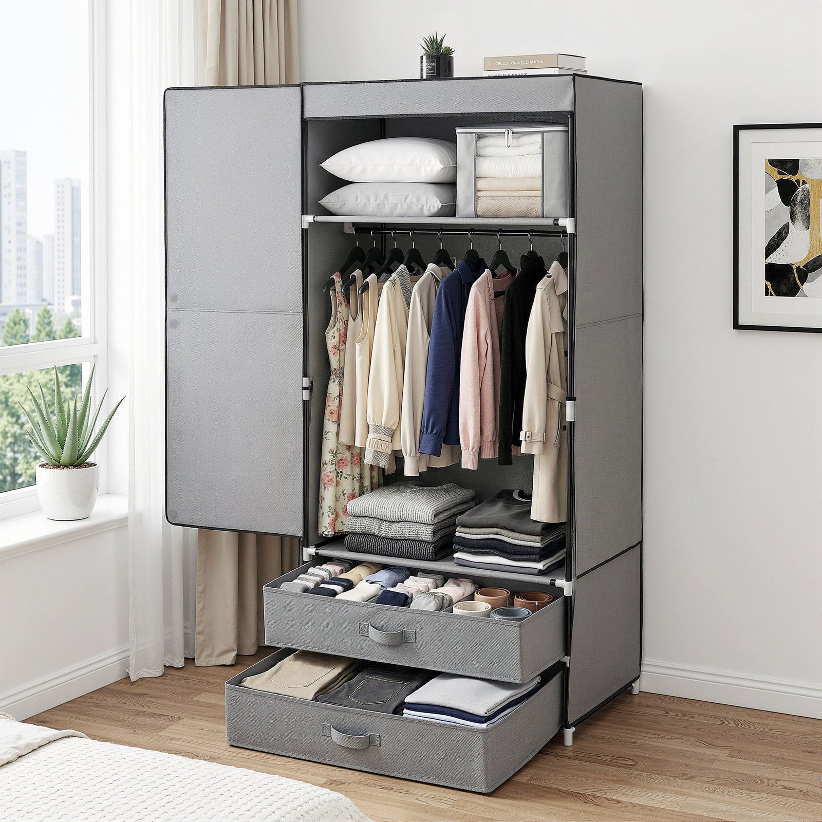 Artiss Portable Clothes Closet – Grey 75cm with Magnetic Door & Drawers