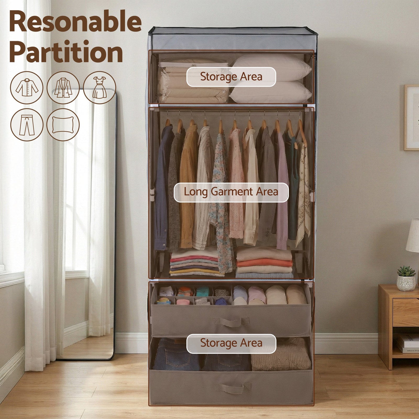 Artiss Portable Clothes Closet – Grey 75cm with Magnetic Door & Drawers