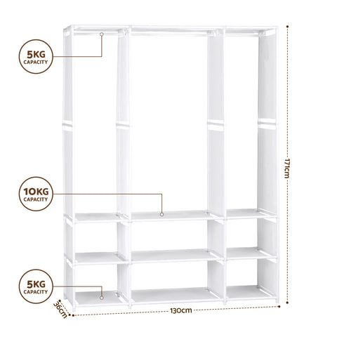 Artiss Portable Clothes Closet – White 130cm, 3 Rods & 9 Shelves