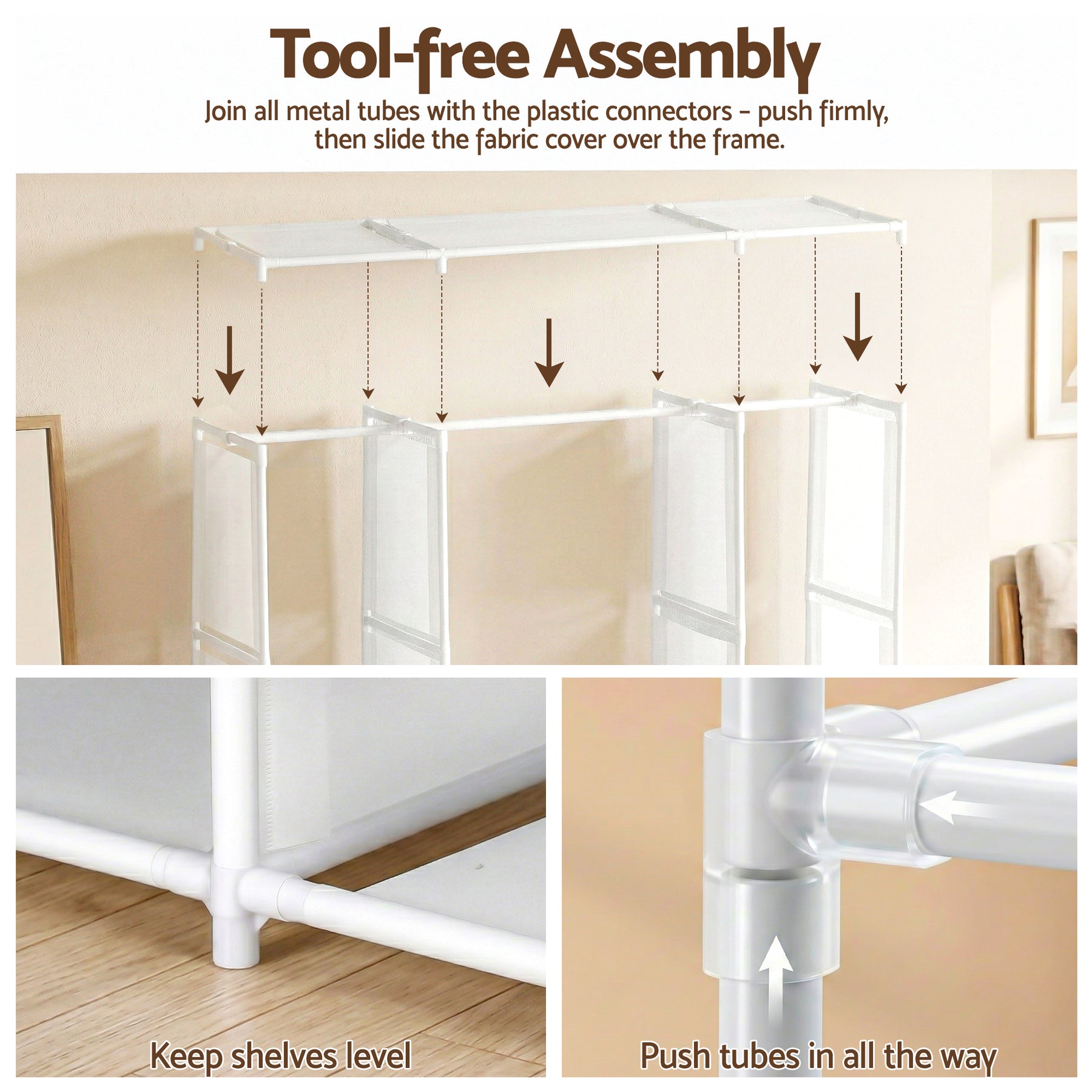 Artiss Portable Clothes Closet – White 130cm, 3 Rods & 9 Shelves