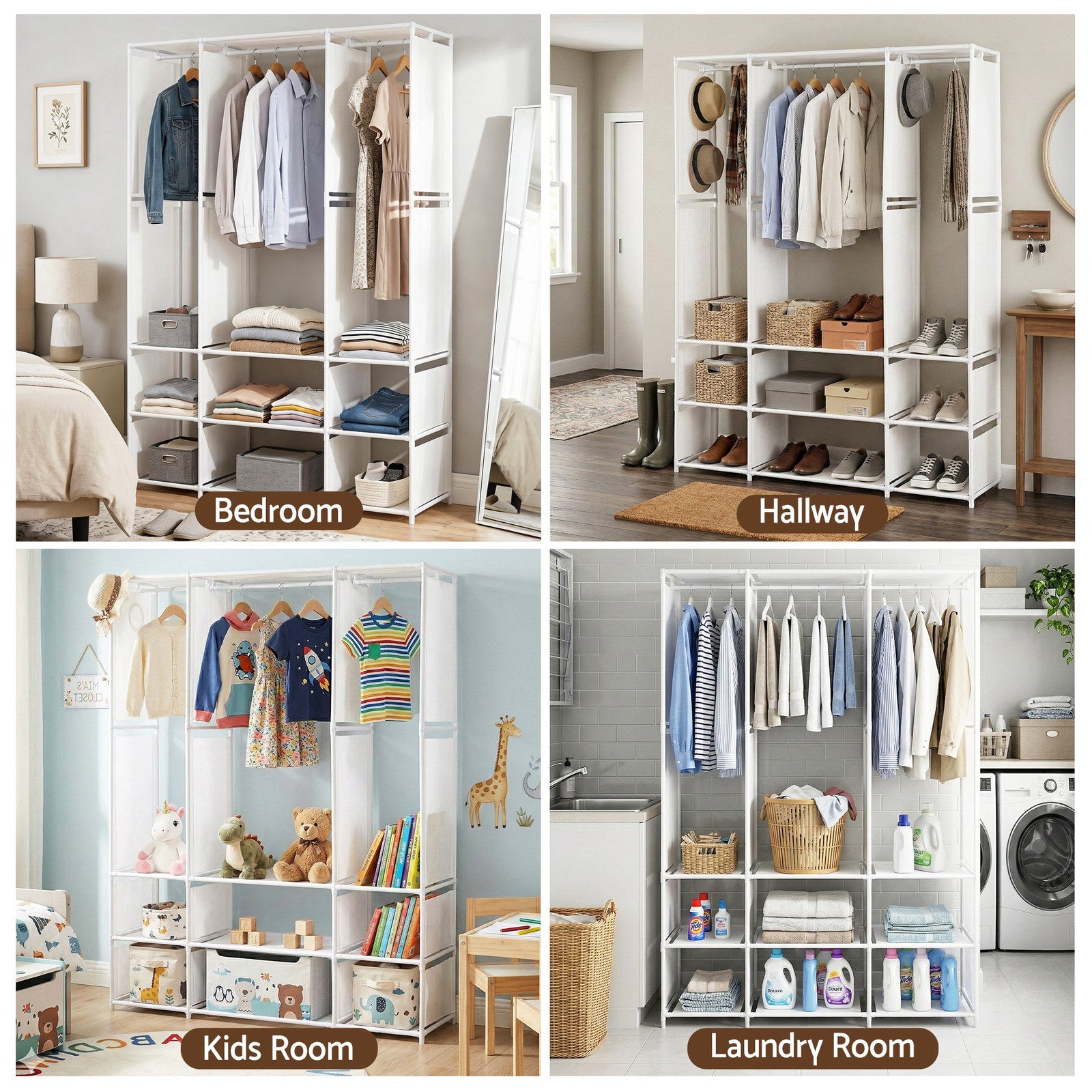 Artiss Portable Clothes Closet – White 130cm, 3 Rods & 9 Shelves
