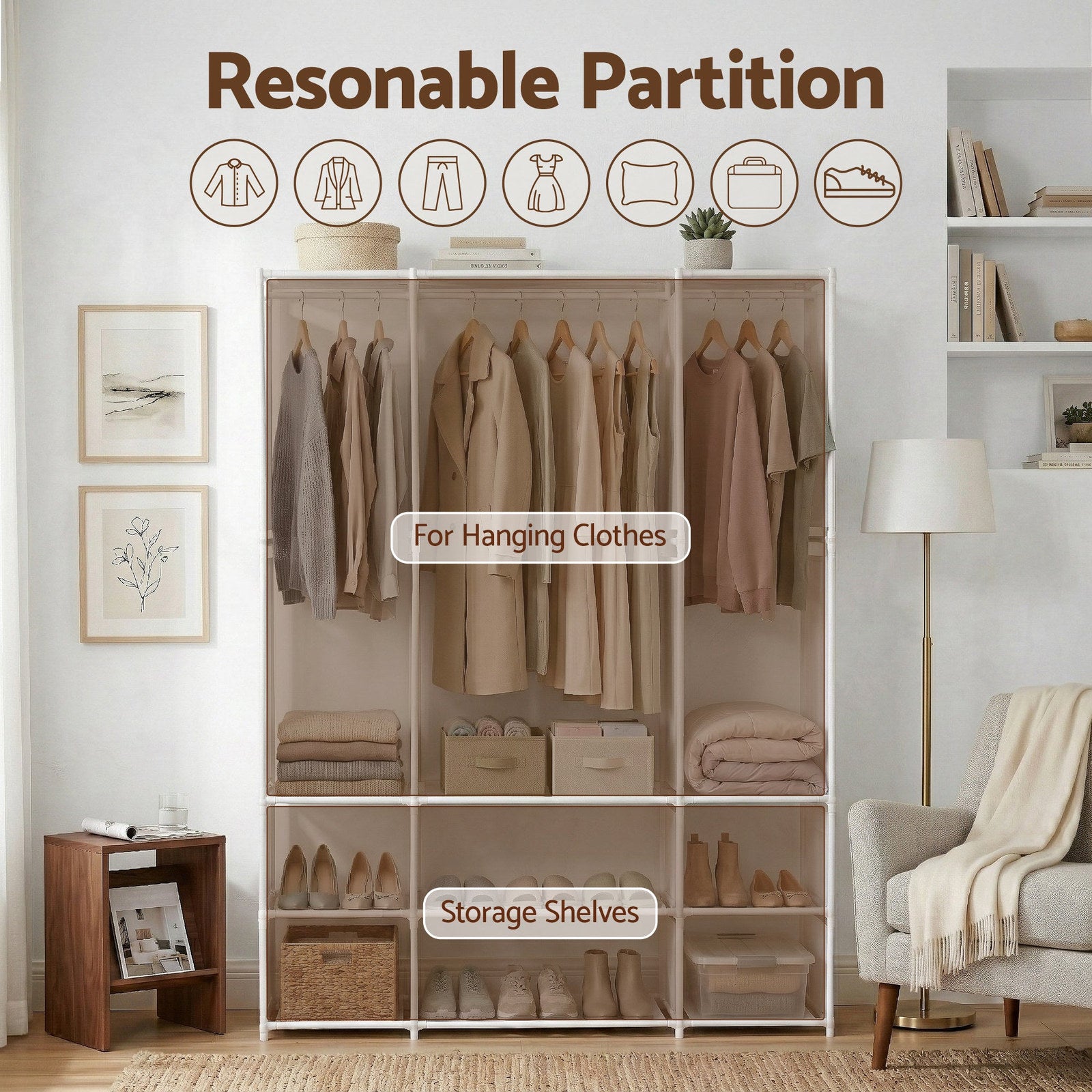 Artiss Portable Clothes Closet – White 130cm, 3 Rods & 9 Shelves