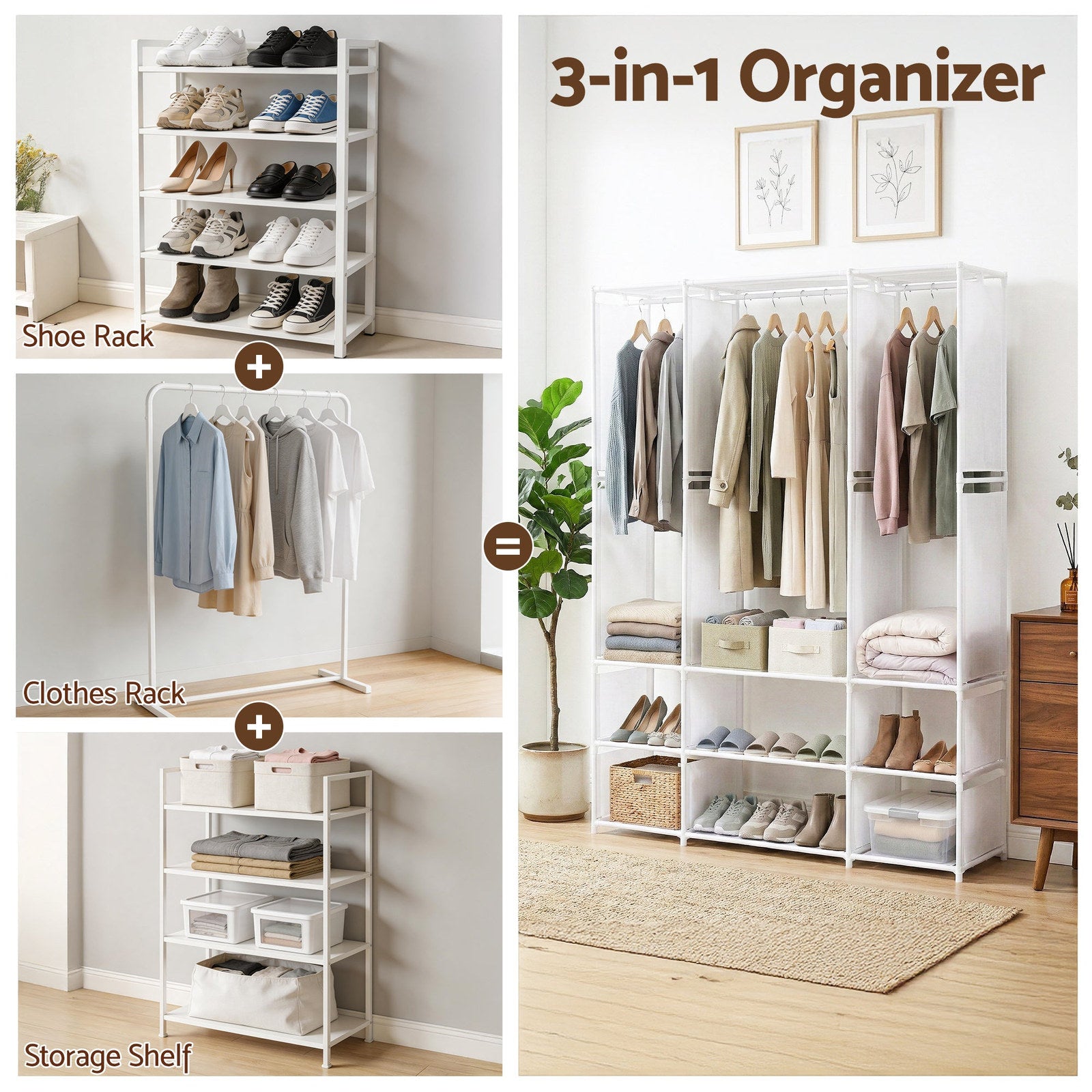 Artiss Portable Clothes Closet – White 130cm, 3 Rods & 9 Shelves