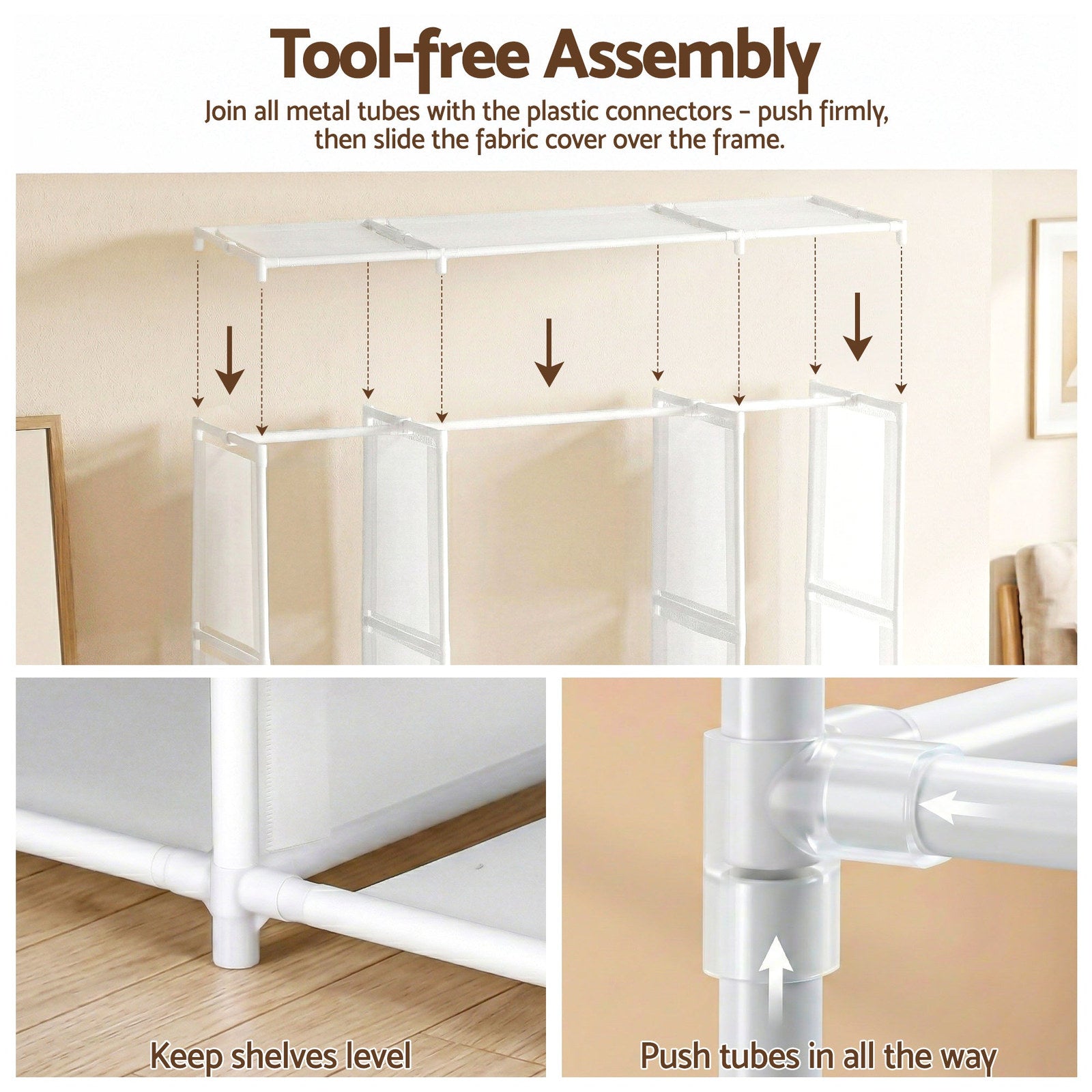 Artiss Portable Clothes Closet – White 130cm, 3 Rods & 9 Shelves